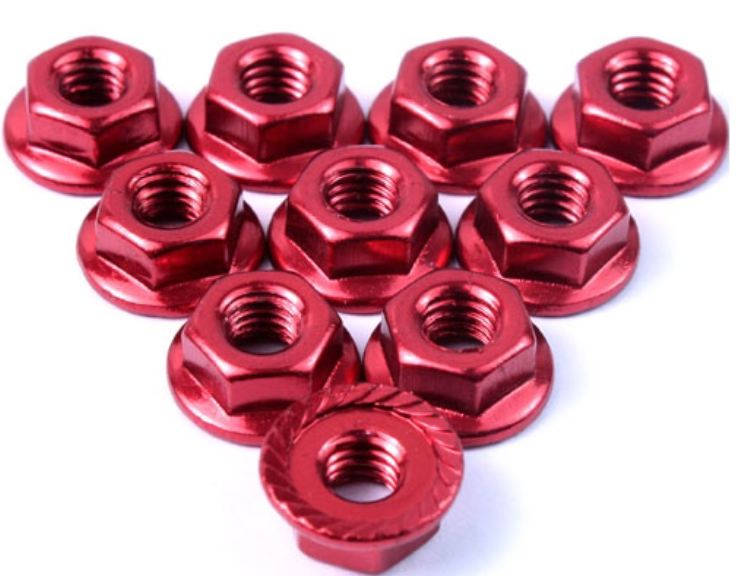 DADI RUOTE FLANGIATI ROSSI M4 10pz CON BLOCCAGGIO GROVER - GPEDLN-M4S-RD