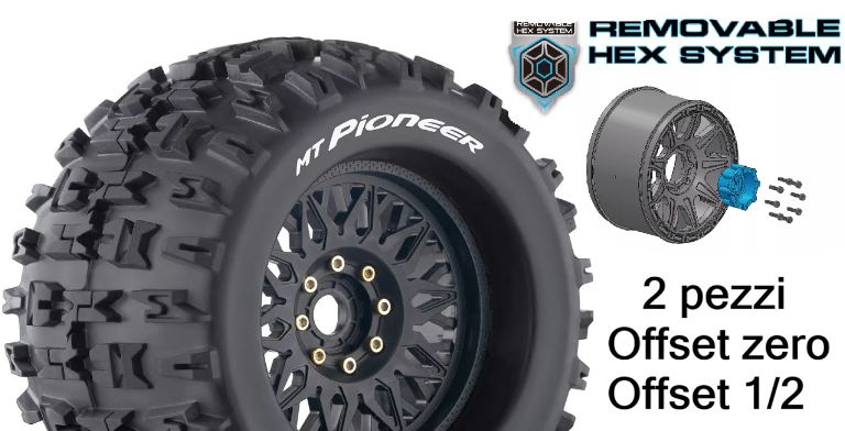 Gomme MT-Pioneer 3.8 2pz 1/8 cerchi neri con 4 Offset per monster truck
